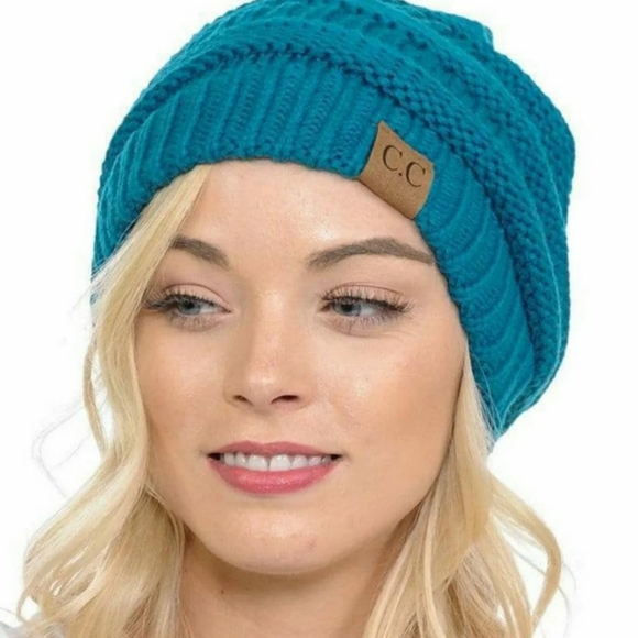 NWT Teal Blue CC Beanie Cable Knit Winter Slouchy Cap Hat - Picture 3 of 7